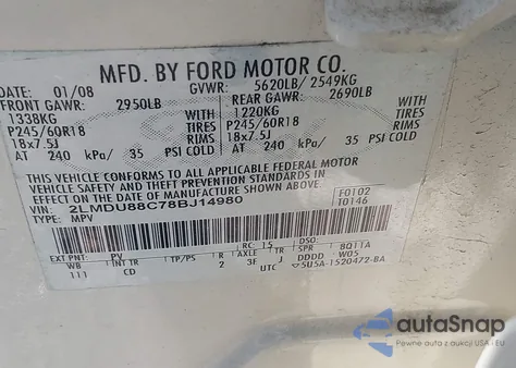 2008 Lincoln Mkx from USA, damaged, VIN 2LMDU88C78BJ14980